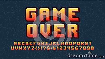 Digital arcade alphabet pixel 3d font, video computer game design 8 bit electronic entertainment vector latin typeface, yellow-red Vector Illustration