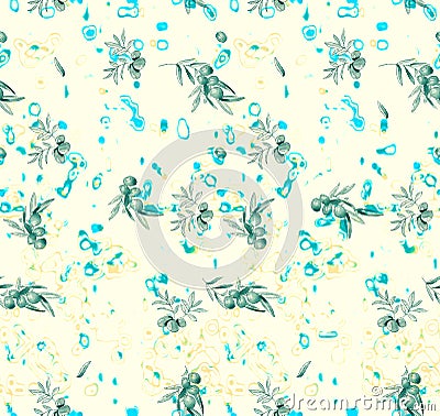 Greek watercolor seamless pattern. Abstract olives, leafs, branches on light beige background Stock Photo