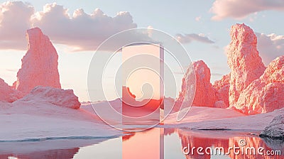 Digital art depicting a desert sunset reflected in a mirrored cube creates a calming scene for a website banner Stock Photo