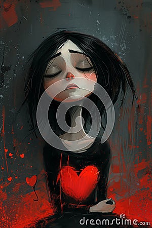 Emotive Gothic Girl Holding Heart Illustration Stock Photo