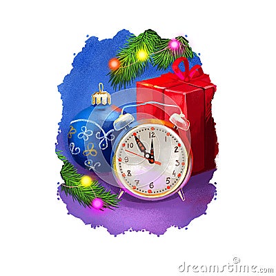 Digital art illustration of alarm clock showing time around midnight, countdown before New Year begins. Merry Christmas and Happy Cartoon Illustration