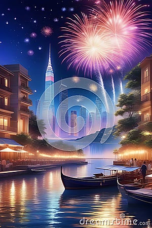 A digital art of new year celebration, with beautiful fireworks, city view, sea, boat, reflection water, night scene, fantasy Stock Photo