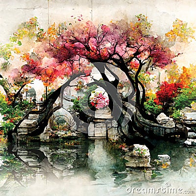 Digital art of oriental autumn garden with beautiful colorful trees and a pond Stock Photo