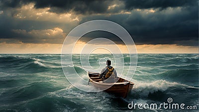 digital art pictures A man is rowing a boat alone towards the stormy ocean. Stock Photo