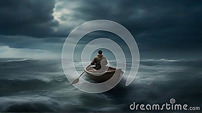 digital art pictures A man is rowing a boat alone towards the stormy ocean. Stock Photo