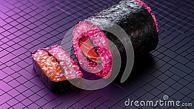 A digital art piece featuring a sushi roll resembling a bubble wrap texture, resting on a purple, grid-patterned surface Stock Photo