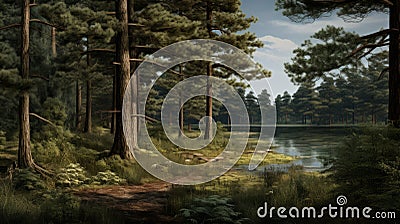 Eerily Realistic Forest Image Primitivist Hunting Scene With Detailed Trees And Water Stock Photo