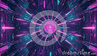 A digital art scene showcasing a futuristic, neon-lit corridor with a central, glowing purple ring. The corridor is Vector Illustration