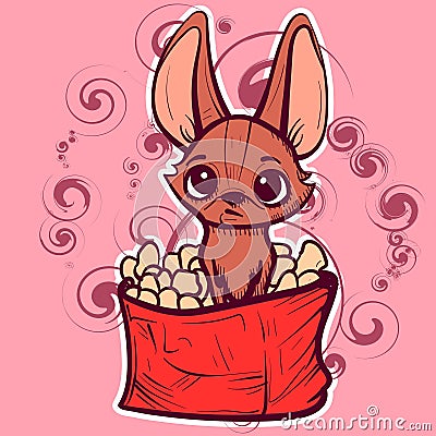 Digital art of a small dog sitting in a bag of chips. Vector of a cute chihuahua or coyote with big ears in a box of snacks Vector Illustration