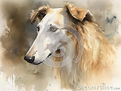 Digital art in the style of a watercolor portrait of a russian borzoi dog. Stock Photo