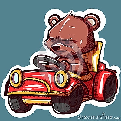 Digital art of a teddy bear driving a small red toy car. Vector of a stuffed animal working as a driver inside an automobile Vector Illustration