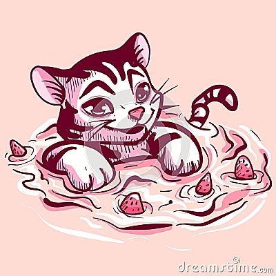 Digital art of a tiger swimming in a pool with milk and strawberries. Vector of a wild feline floating in water Vector Illustration