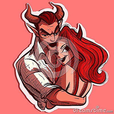 Digital art of two demons hugging and holding each other. Vector of a demon couple with horns, valentine's day concept Vector Illustration