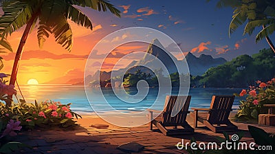 Digital Art Wallpaper of an Empty, Relaxing Tropical Island Surrounded by Water Under the Afterglow Sky: A Perfect Nature Retreat Stock Photo