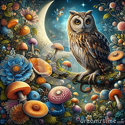 A digital art work of beautiful owl, perched on a branch in a magical woodland, with moonlit, wildflower, mushrooms, fantasy Stock Photo