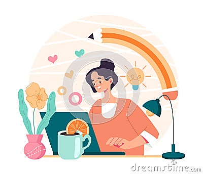 Digital artist designer freelancer woman worker character sitting at computer and drawing Vector Illustration