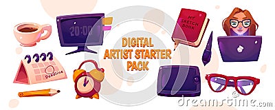 Digital artist starter pack, girl with laptop Vector Illustration