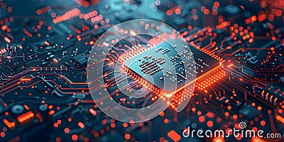 Digital artwork with a central processing unit (CPU) microchip and electronic circuit board Stock Photo