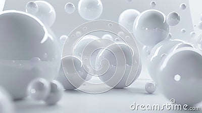 Digital artwork with 3D white spheres in abstract space, using rendering techniques Stock Photo