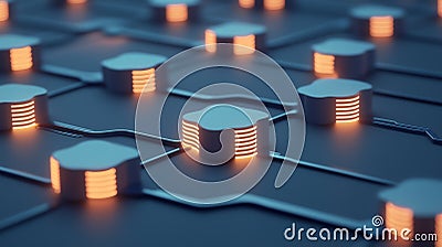 Glowing neural nodes in a futuristic digital grid with interconnected circuits Stock Photo