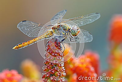 Digital artwork of dragonfly perched on the tip of an object, macro photography, color photo, high definition, macro lens Cartoon Illustration
