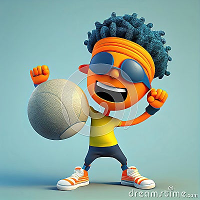 a boy character in sunglasses and a yellow shirt holding up a ball in his hand Stock Photo