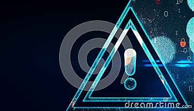 A digital artwork of a glowing blue exclamation mark inside a triangle with a capsule, on a dark binary code background, concept Stock Photo