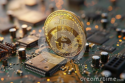 Digital artwork of golden bitcoin coin on top of an advanced computer circuit board, with soft lighting highlighting the int Cartoon Illustration