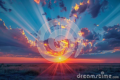 Digital artwork of stunning photo of the sun setting behind clouds, with rays of light piercing through them in an array of Cartoon Illustration