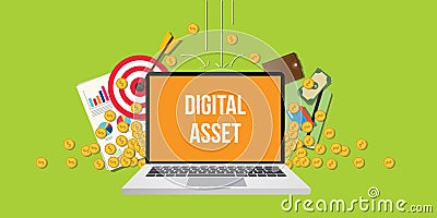 Digital asset concept illustration with laptop text on screen gold coin money Vector Illustration