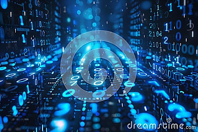 Digital background featuring blue binary code, numbers and code on dark black backdrop, perfect for techthemed visuals. Cartoon Illustration