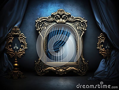 Generated AI blue tinted window with curtains and unique frame Stock Photo