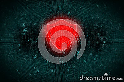 Digital background with red Shield at center. Concept of hacker attack and protect personal data on computer systems Stock Photo