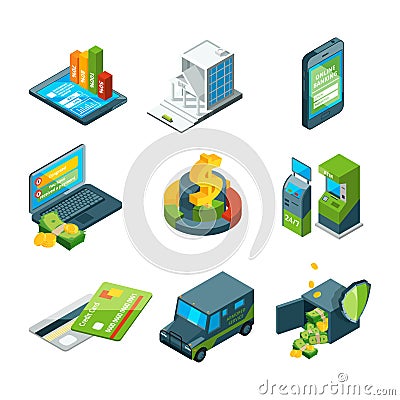 Digital banking. Online bank transaction. Digital operation. Isometric business icon set Vector Illustration