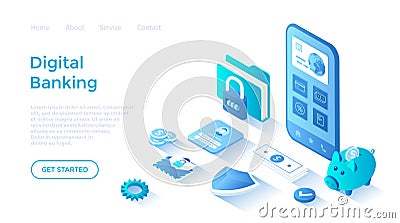 Digital Banking Online Services. Mobile banking and accounting platform. Online financial operations, payment, shopping Vector Illustration