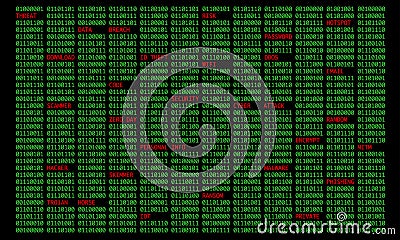 Digital binary code with modern crypto and cybersecurity threat words Vector Illustration