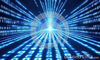 Digital binary tunnel, glowing blue light, data streams, futuristic technology, abstract representation of information Stock Photo