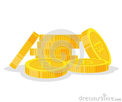 Digital bitcoins flat style isolated on white background. Icon finance heap, gold coin pile. Golden money standing on Vector Illustration