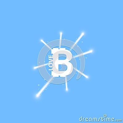Digital bitcoins symbol with light effect and firework on blue backgraund. Vector Illustration