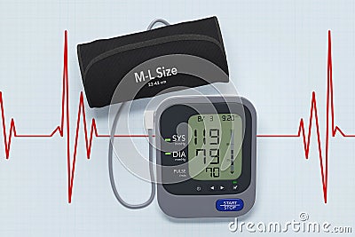 Digital Blood Pressure Monitor with Cuff on Cardiogram Backgrou Stock Photo