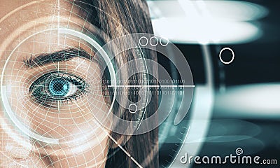 Digital blue eye interface wallpaper Stock Photo