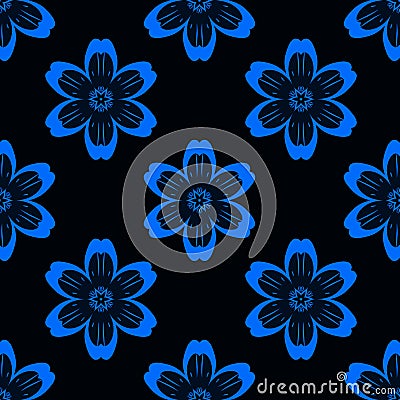 Digital blue flowers simple seamless pattern on black Stock Photo