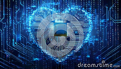 A digital blue microcircuit in the shape of a heart on a dark technological background with coding numbers Stock Photo