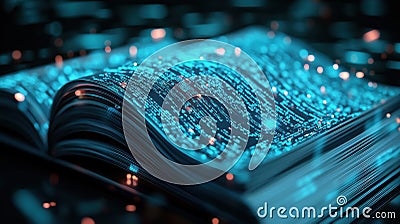 Digital book glowing with data streams, symbolizing knowledge and technology Stock Photo