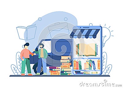 Digital bookstore concept.man purchase book online. book delivery with truck. online library online shopping book online book Vector Illustration