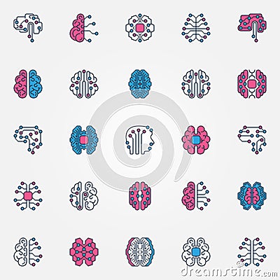 Digital Brain colored icons set - vector AI Smart brain signs Vector Illustration