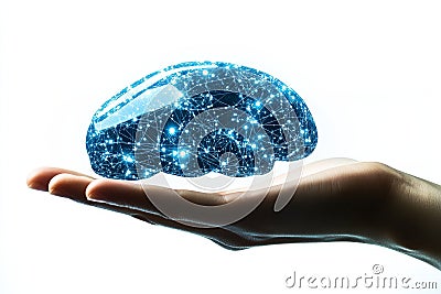 Digital brain held in human hand glowing neural connections symbolizing AI human technology integration cognitive computing in Cartoon Illustration