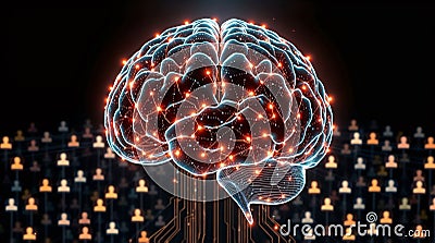 Digital brain hologram above interconnected grid of social media profiles, representing sorting and searching algorithms Stock Photo