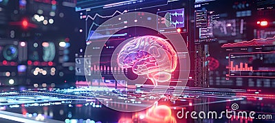 A digital brain hovers above a screen filled with glowing data visualizations, showcasing the intersection of artificial Stock Photo