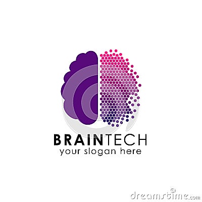 Digital brain logo design in pixel style. brain tech vector icon Vector Illustration